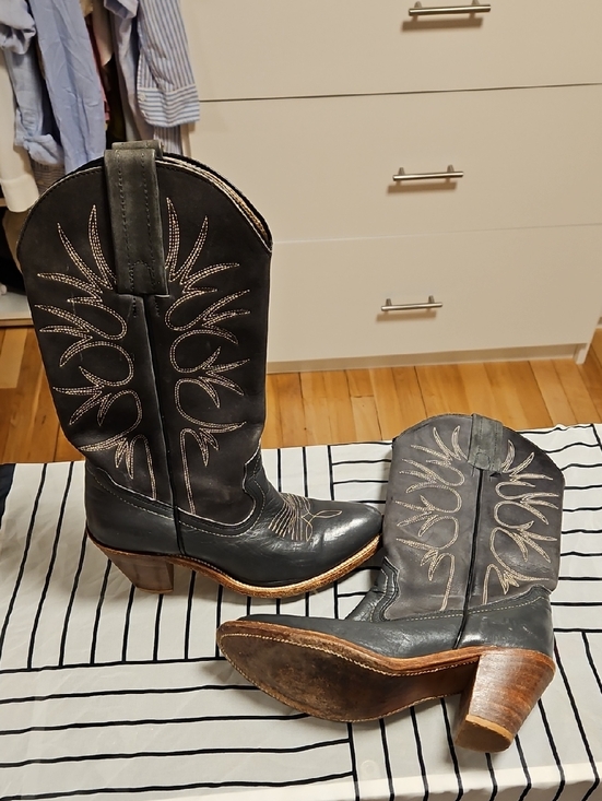 Frye Shoes - Frye Gray Leather Western Heeled Boots with Brown Stacked Heel